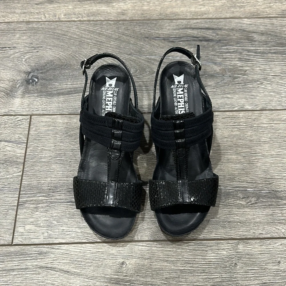 • Mephisto • Open Toe Wedge Sandals Black Leather 38 Women’s - Picture 2 of 4